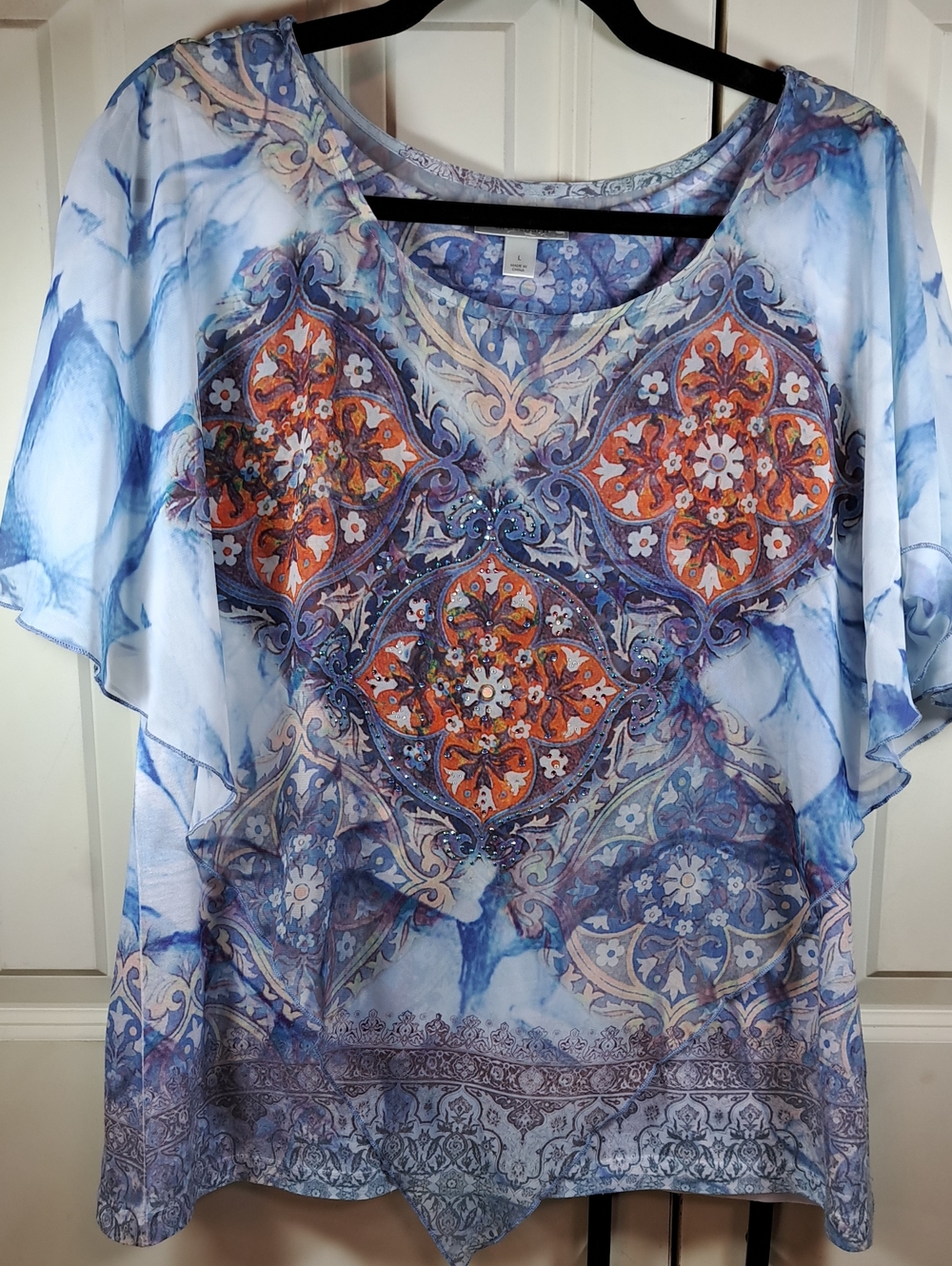 dressbarn Light Blue Medallion Print Flutter Sleeve Blouse